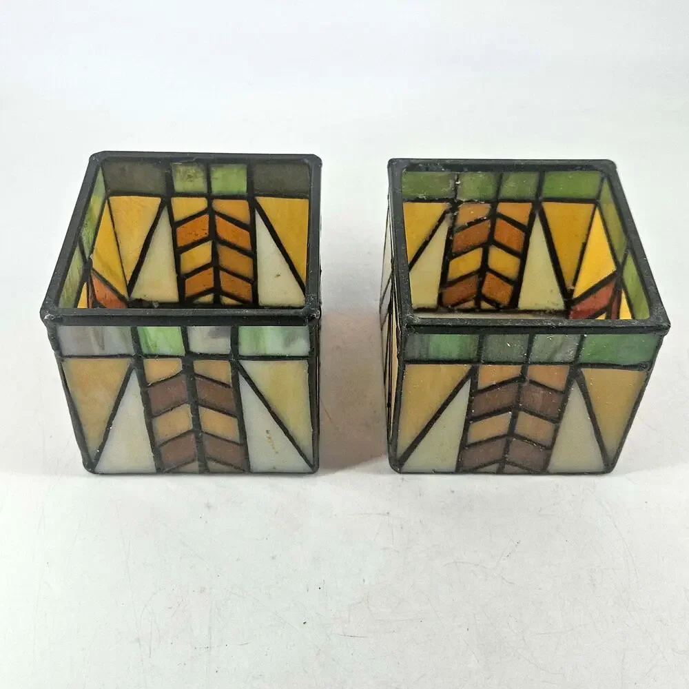 2 Vintage PartyLite Tiffany Style Art Deco Look Stained Glass Candle Holders